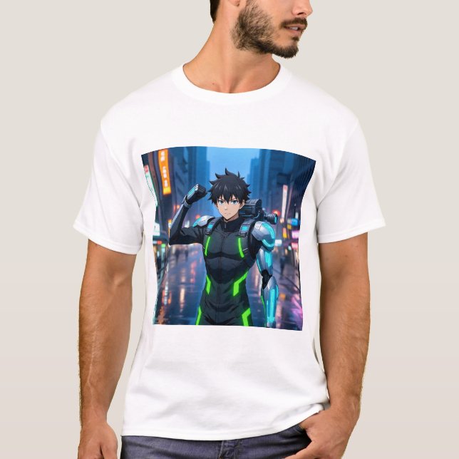 T-shirt Futuristic Anime Cyborg Boy in Neon City – Sci-Fi  (Devant)