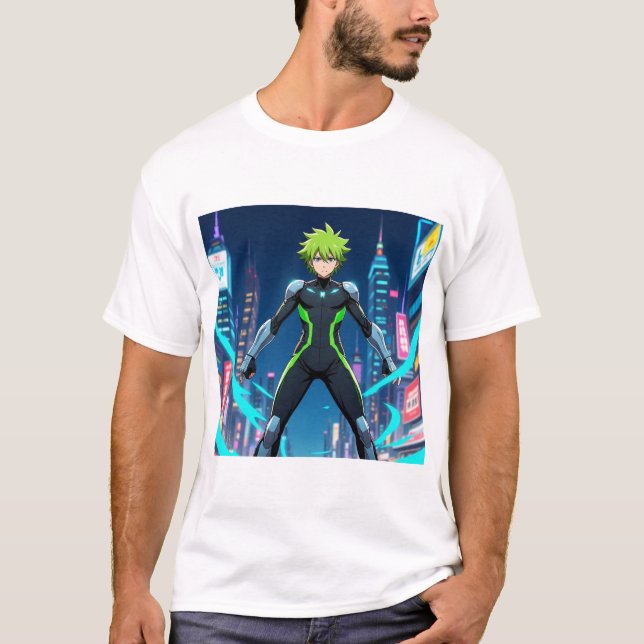T-shirt Futuristic Green-Haired Anime Hero in Cyberpunk Ci (Devant)