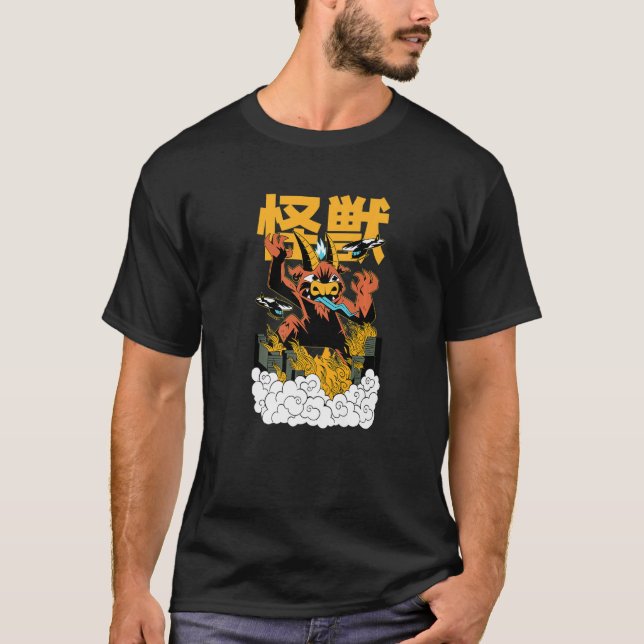 T-shirt Futuristic Scary Creature Burning Buildings   (Devant)