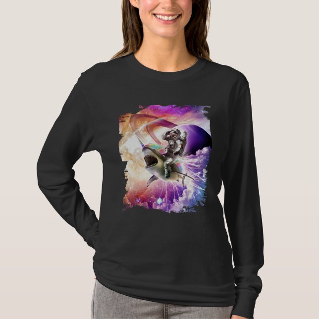 T-shirt Galaxy Astronaut Cat Riding Rainbow Shark Unicorn (Devant)
