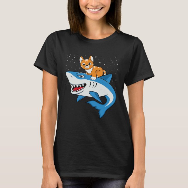 T-shirt Galaxy Cat Riding Shark For Cat Astronaut Cat (Devant)