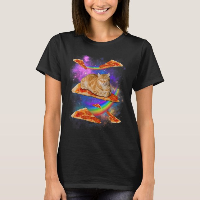 T-shirt Galaxy Chat Dans L'Espace Chat Riding Pizza (Devant)