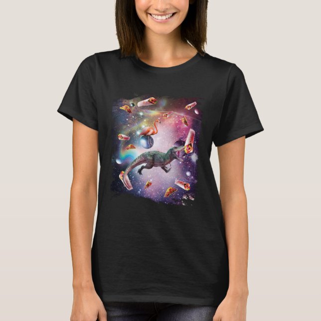 T-shirt Galaxy Flamingo Riding Dinosaur In Space  Rainbow (Devant)