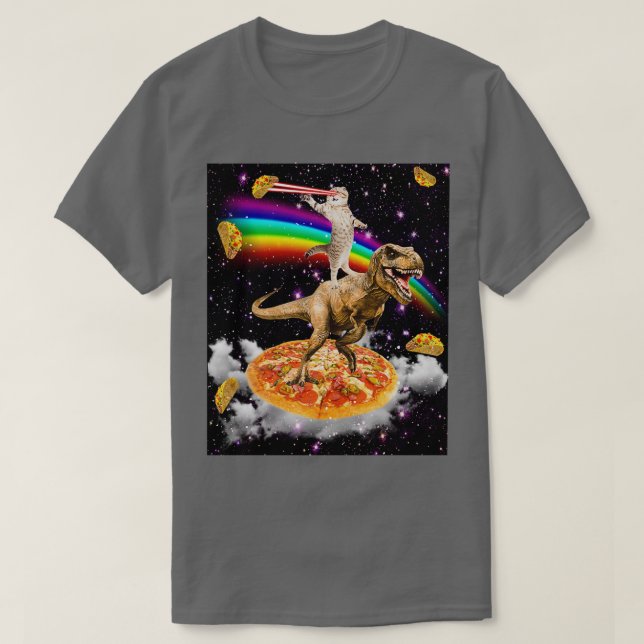 T-shirt Galaxy Laser Eye Cat on Dinosaur on Pizza with Tac (Design devant)