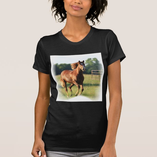T-shirt galopant de dames de cheval de châtaigne (Devant)