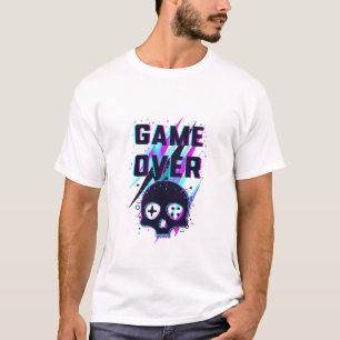 T-Shirt Game Over Crâne Gamer Neon Rétro 80 Glitc