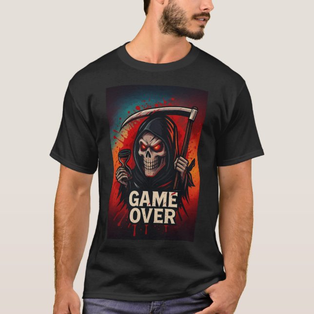 T-shirt Game Over Grim Reaper Skull – Dark Horror Gaming  (Devant)