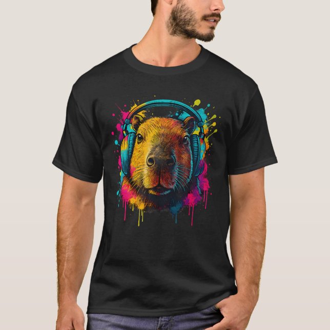 T-shirt Gamer Capybara Graphic Music Video Games Headset C (Devant)