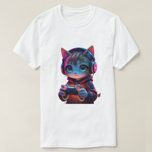 T-shirt Gamer Cat avec contrôleur PlayStation (Design devant)