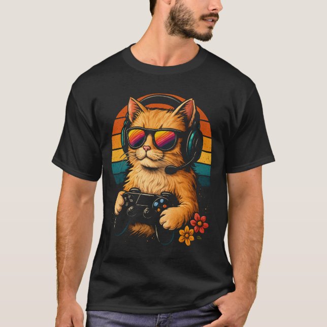 T-shirt Gamer Cat - Casque et contrôleur de style rétro (Devant)