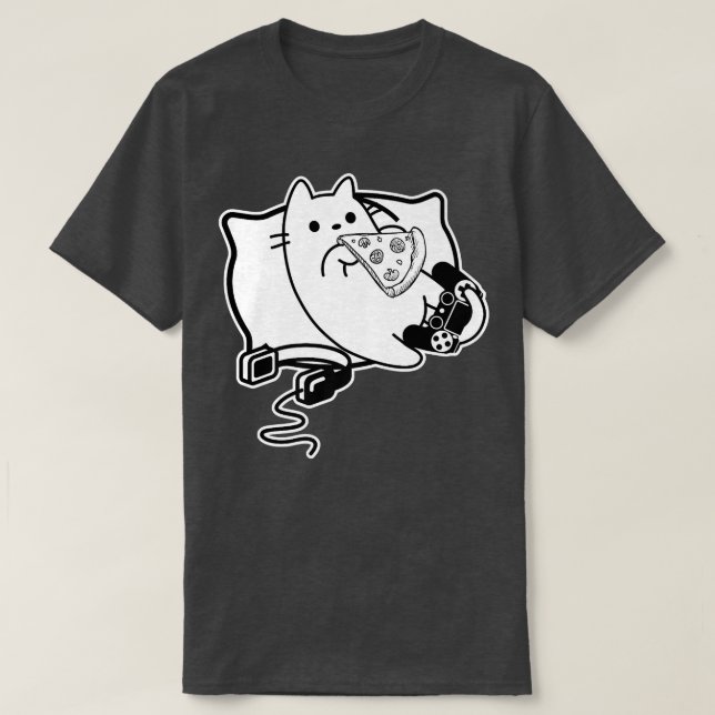 T-shirt Gamer Cat Girl Boy chargement Pizza, casque et Pad (Design devant)