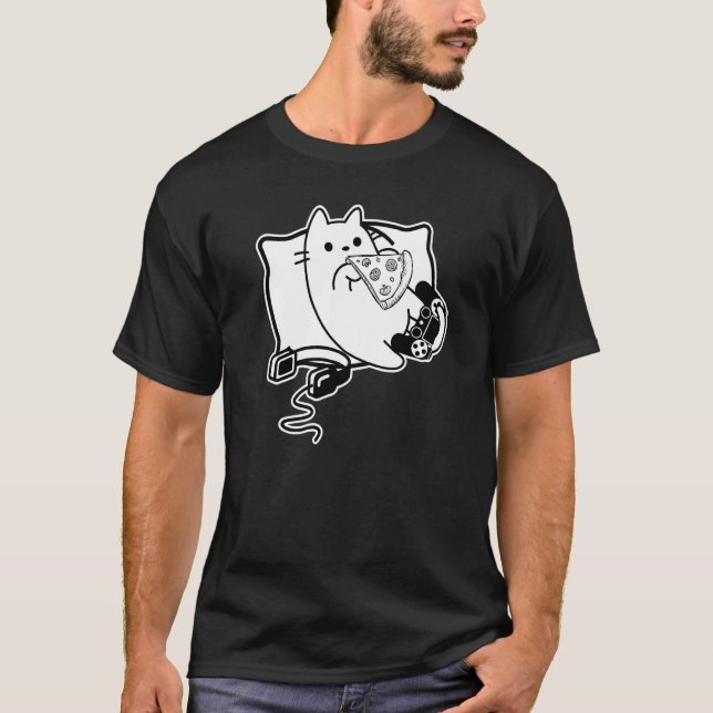 T-shirt Gamer Cat Girl Boy loading Pizza Headset and Pad (Devant)