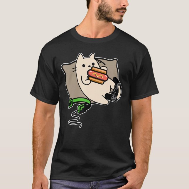 T-shirt Gamer Cat Manger Hot Dog Jeu Chargement (Devant)