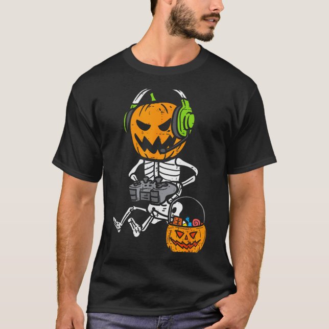 T-shirt Gamer Pumpkin Skeleton Funny Halloween Gaming Boys (Devant)