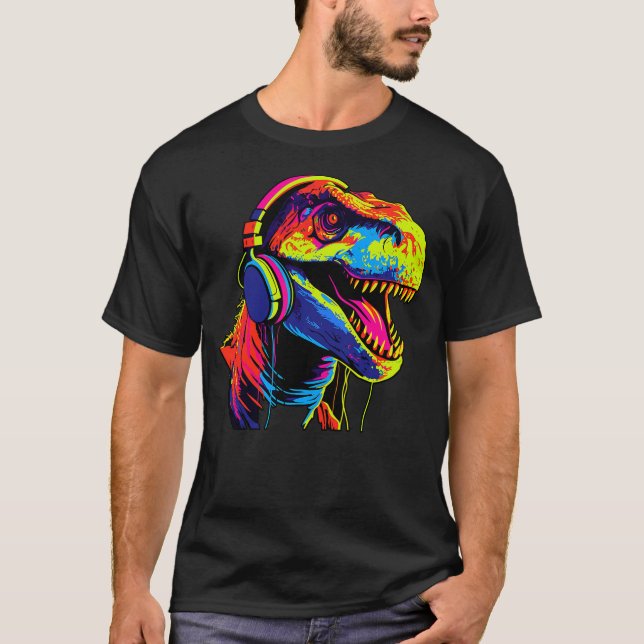 T-shirt Gaming Music Podcast Headset Headphones Dinosaur T (Devant)