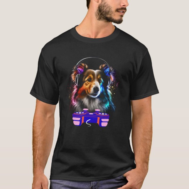T-shirt Gaming Shetland Sheepdog Dog Player Video Gamer  M (Devant)