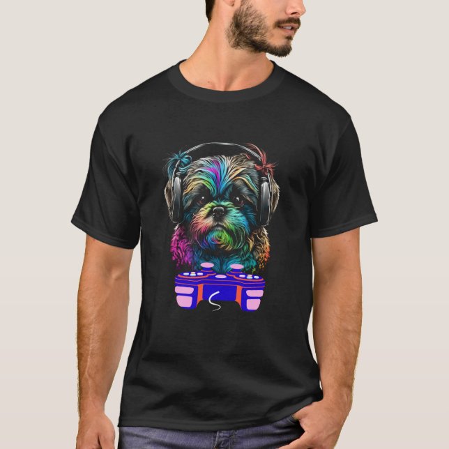 T-shirt Gaming Shih Tzu Dog Player Animal Video Gamer Men  (Devant)
