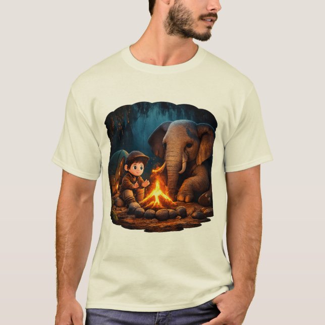 T-shirt “Garçon 3D mignon & Autocollant de feu de camp élé (Devant)
