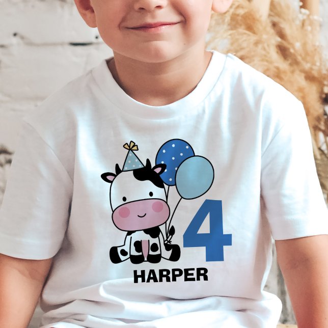 T-shirt Garçon 4e anniversaire Vache Bleu Ballons Personna (Créateur téléchargé)