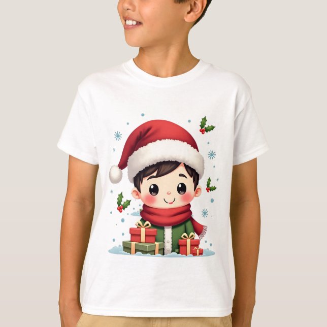 T-shirt Garçon aigu de Noël avec cadeaux et Père Noël (Devant)