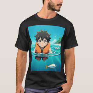T-shirt Garçon Anime Nageant dans l'Océan avec des Poisson