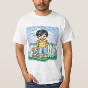 T-shirt garçon aux cheveux noirs et chien