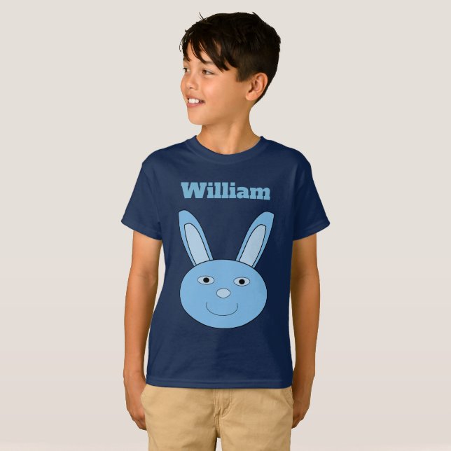 T-shirt Garçon Bleu Lapin Visage Printemps Pâques Nom Pers (Devant entier)