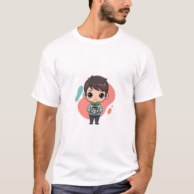 T-shirt Garçon Chibi tenant une plante en pot Vectoriel (Devant)