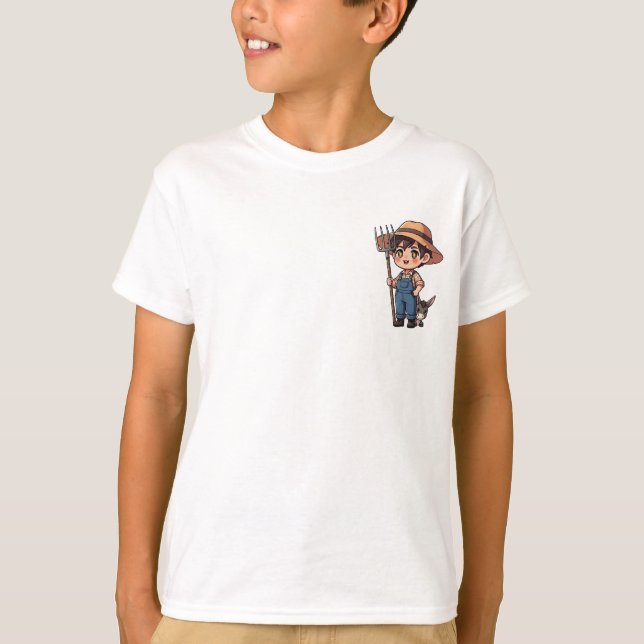 T-shirt Garçon fermier Chibi avec fourche et ânons (Devant)