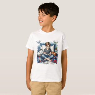 T-shirt Garçon lisant avec des chats dans sa chambre