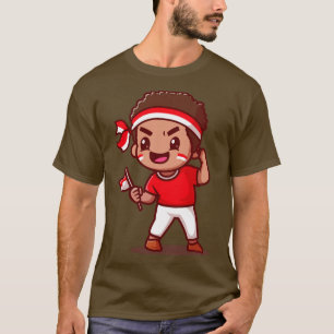 T-shirt Garçon Mignon Tenant Le Drapeau Indonésien Cartoon