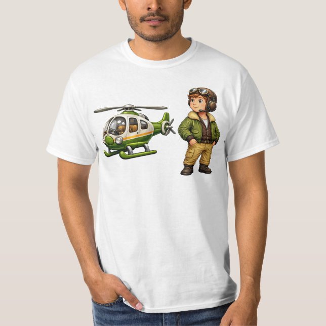 T-shirt Garçon Pilote d'Hélicoptère Rétro avec Chopper Vin (Devant)