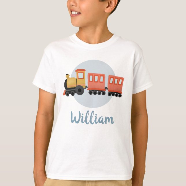 T-shirt Garçons Joli Train Bleu Moderne Voyage Enfants (Devant)