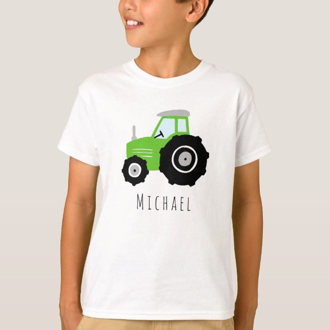 T-shirt Garçons Moderne Green Farm Tracteur et nom (Devant)