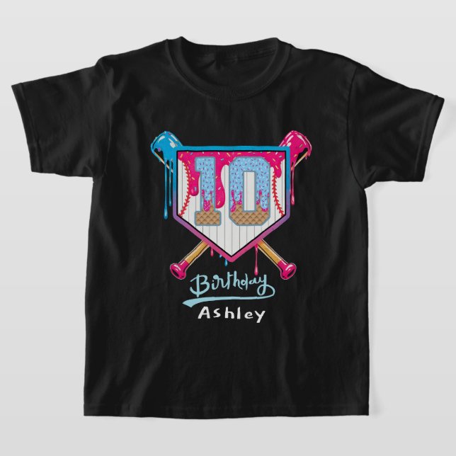 T-shirt Gâteau de glace d'anniversaire de baseball 10 ans  (Poser)