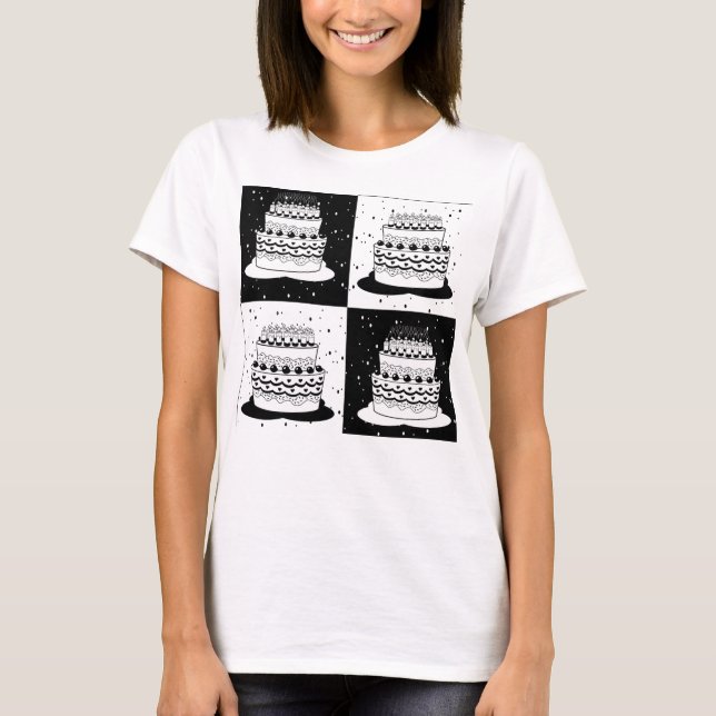 T-shirt Gâteau noir blanc impression à carreaux (Devant)
