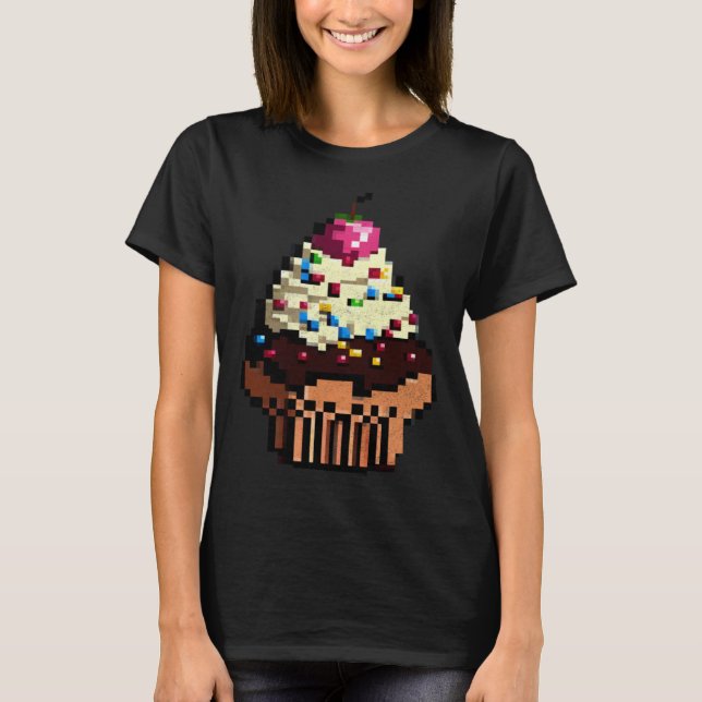 T-shirt Gâteau Pixel 8 bits Rétro Manger Byte Jeu Cupcake  (Devant)