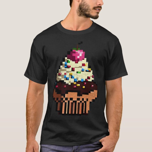 T-shirt Gâteau Pixel 8 bits Rétro Manger Octet Jeu Gâteau (Devant)