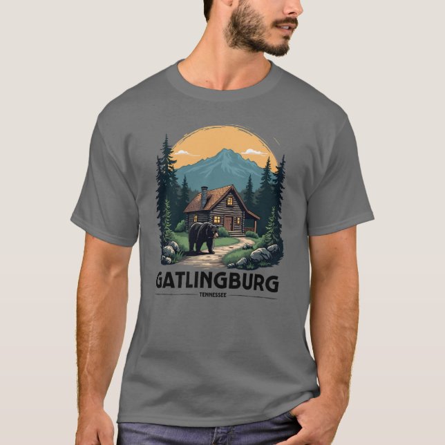 T-shirt Gatlinburg Tennessee Cabine et ours noir (Devant)