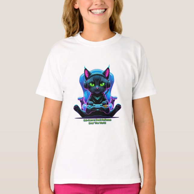 T-shirt Gato gamer futurista con joystick y actitud felina (Devant)
