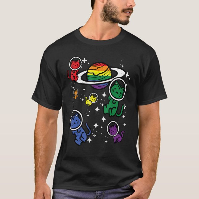 T-shirt Gay Cats In Space Rainbow Pride Month Lgbtq Ally W (Devant)