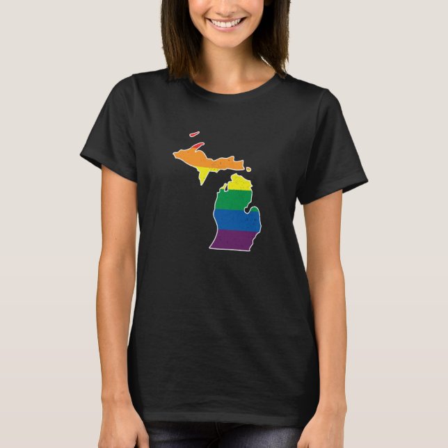 T-shirt Gay Pride Flag Michigan State Map Rainbow Stripes (Devant)
