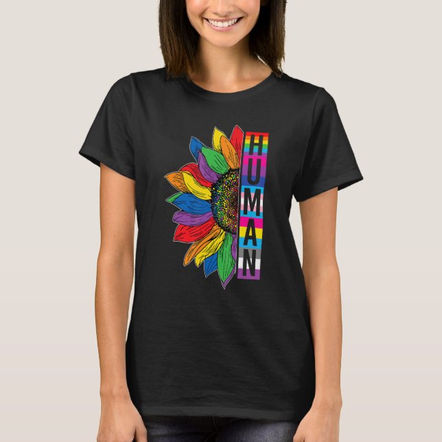 T-shirt Gay Pride HUMAN Sunflower Rainbow LGBT LGBTQ Lesbi (Devant)