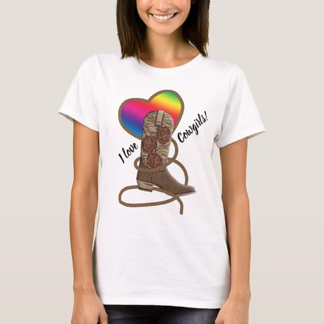 T-shirt Gay pride Lesbian I Love Cowgirls Rainbow Heart (Devant)
