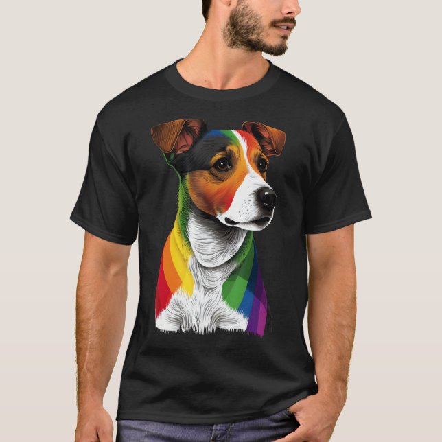 T-shirt Gay Pride LGBT Rainbow Flag on Jack Russell Terrie (Devant)