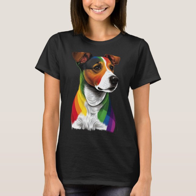 T-shirt Gay Pride LGBT Rainbow Flag on Jack Russell Terrie (Devant)