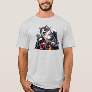 T-shirt Géant Chat Néon Cité Chaos Mignon Graphique Cyberp