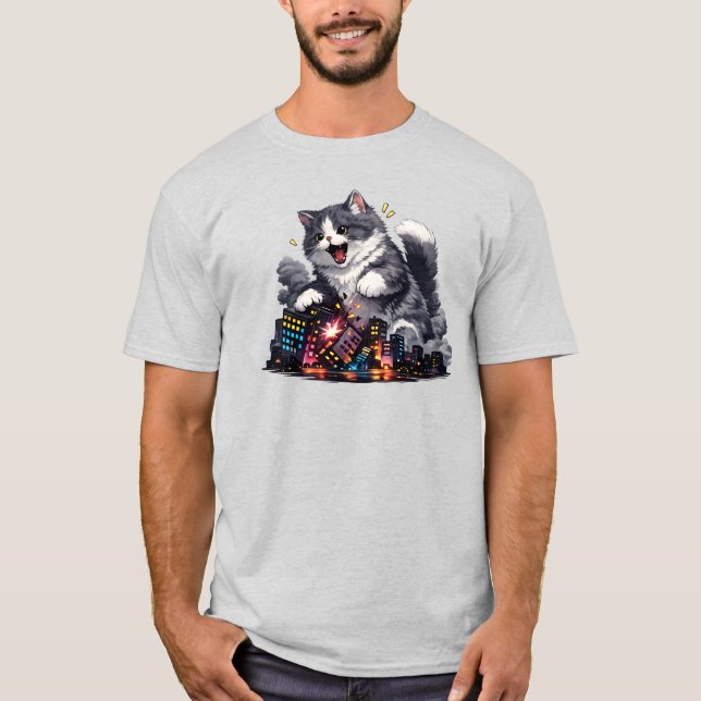 T-shirt Géant Chat Néon Cité Chaos Mignon Graphique Cyberp (Devant)