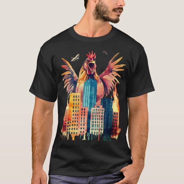 T-shirt Géant coq poulet attaquant la ville drôle animal (Devant)
