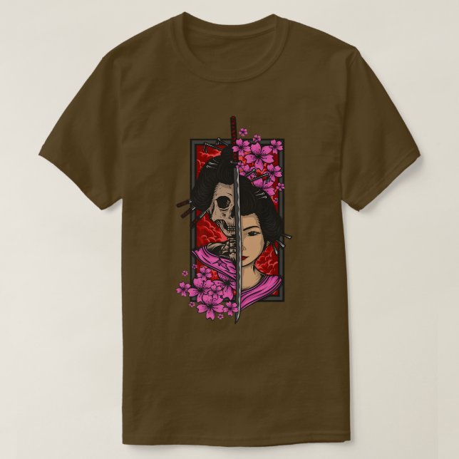 T-shirt Geisha avec katana et sakura cerisier en fleurs sa (Design devant)